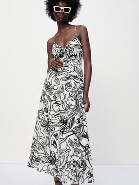ZARA Black White Floral Print Cotton Open Back Maxi Dress XL 4886/242
